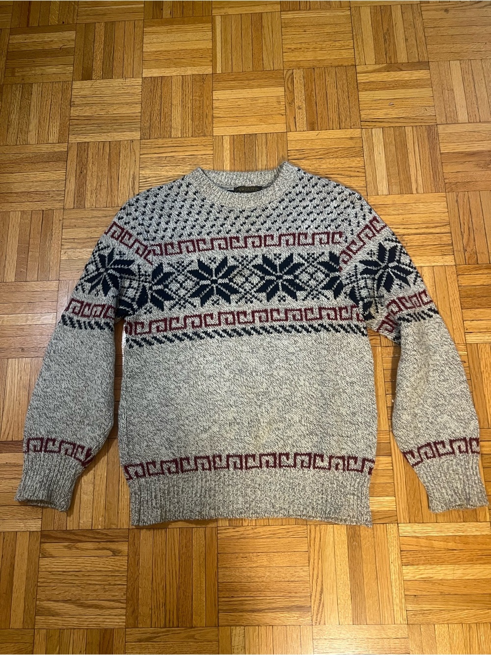 Men's Crewneck Fair Isle Sweater - Gray with Navy & Burgundy Pattern size small